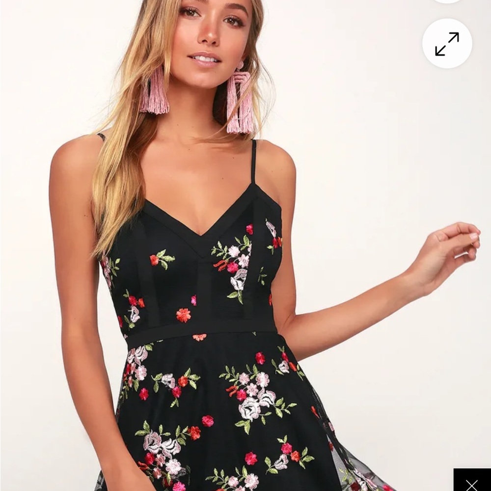 NWT Lulus Black Floral Mesh Embroidered Skater Dress